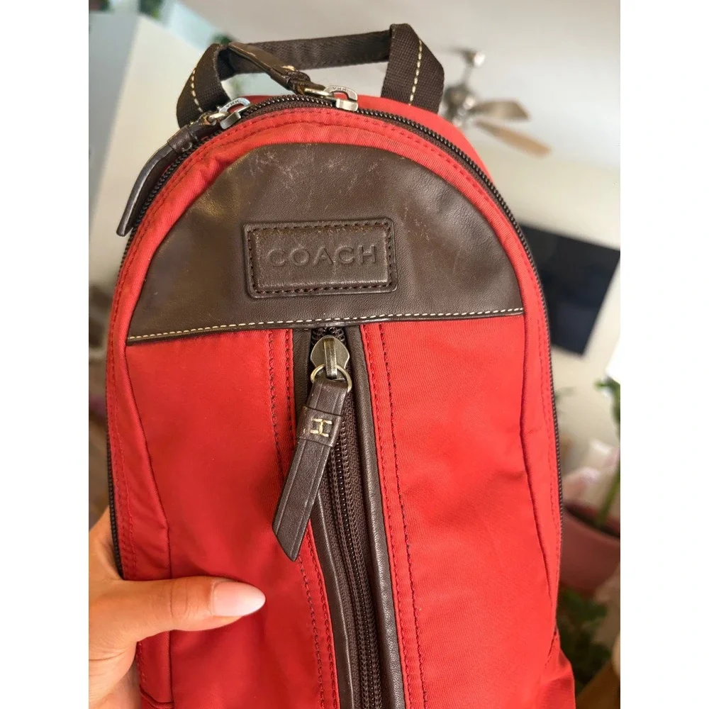 Coach Thompson Heritage Sling Bag Red‎ Nylon Brown Leather Crossbody F70692 Mens